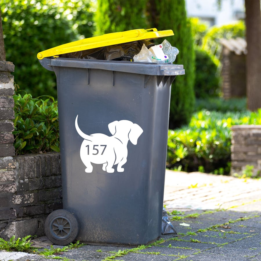 Personalised Wheelie Bin Sticker Dog dachshund Silhouette Funny Custom Number 