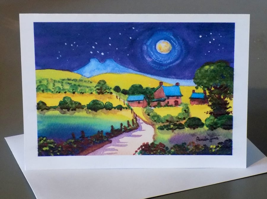 Moonlight, Cottage, Pen Y Fan, Brecon Beacons, Wales, Art Greeting Card, Blank 
