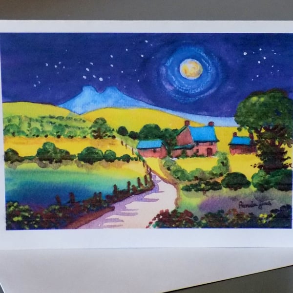 Moonlight, Cottage, Pen Y Fan, Brecon Beacons, Wales, Art Greeting Card, Blank 