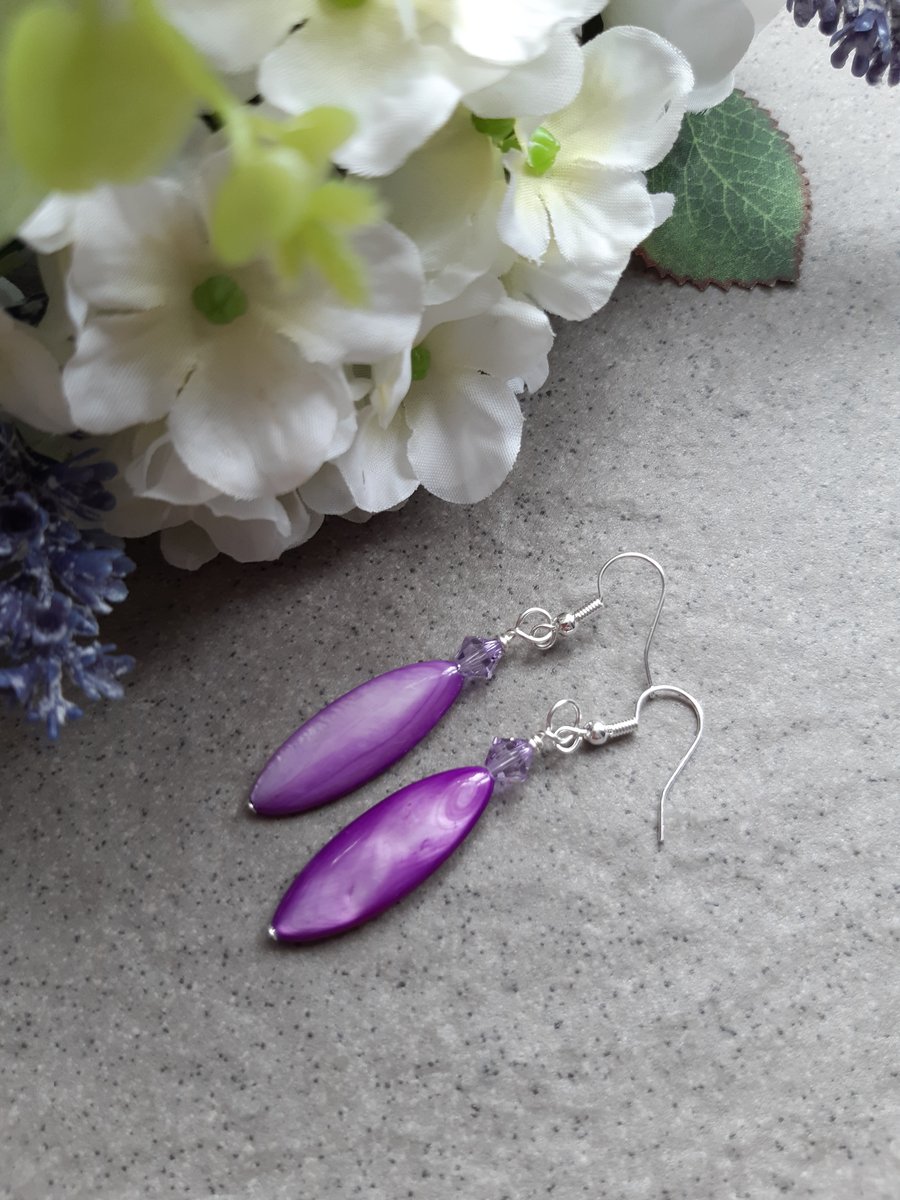 Shell Mother Of Pearl Lilac Drop Silver Plated Earrings