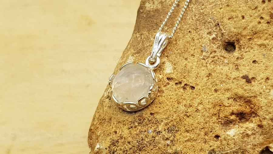 Tiny silver Rainbow Moonstone Pendant. June birthstone.