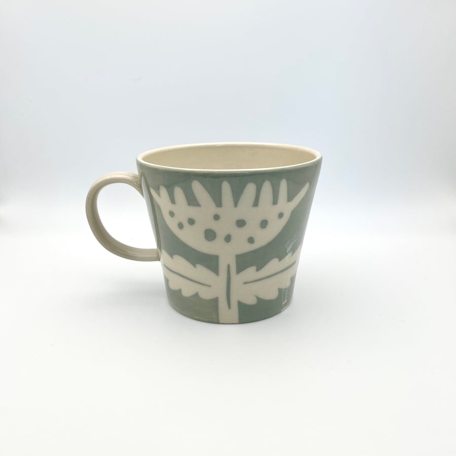 Handmade Mug for Tea Coffee Sage Green Flower Mothers Day Birthday Pottery Gift