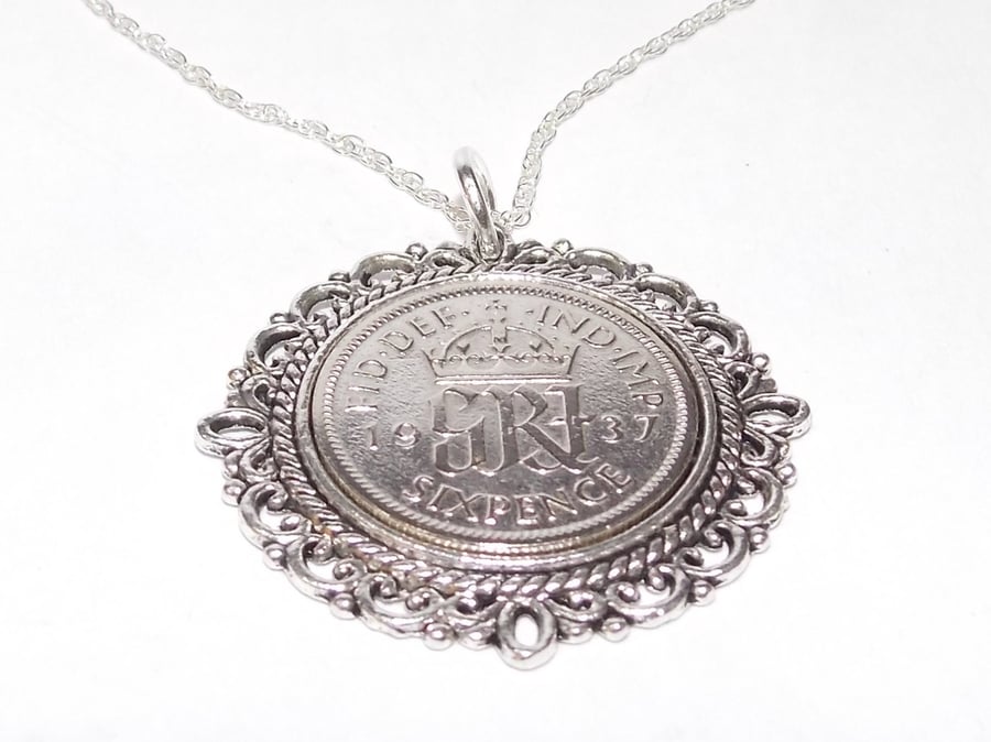 Fancy Pendant 1937 Lucky sixpence 84th Birthday plus a Sterling Silver 18in Ch