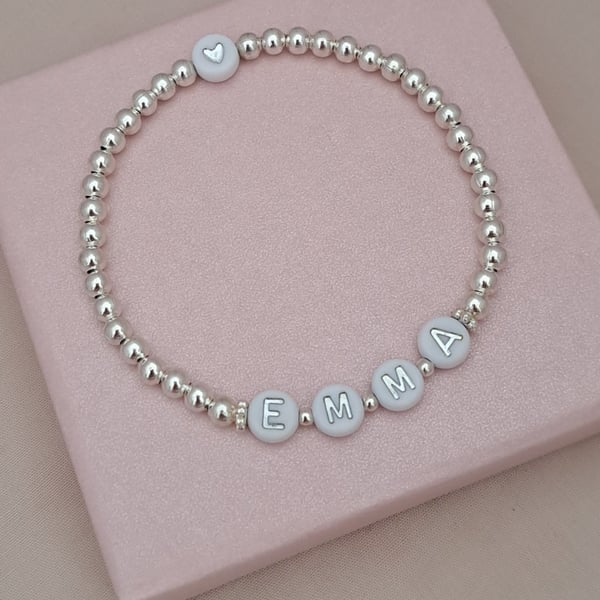 Personalised Name Bracelet with Heart Bead, Silver Stretch Bracelet