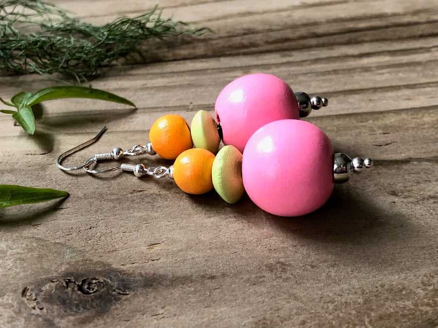 Big Wooden Bead Earrings. Orange, Lime Green, Pink Dangly Beaded Earrings