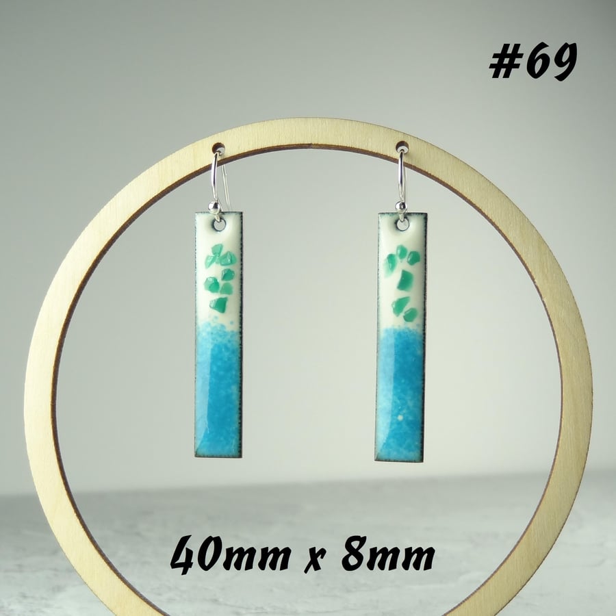 Turquoise blue glass enamelled copper drop earrings 40x8mm, sterling silver (69)