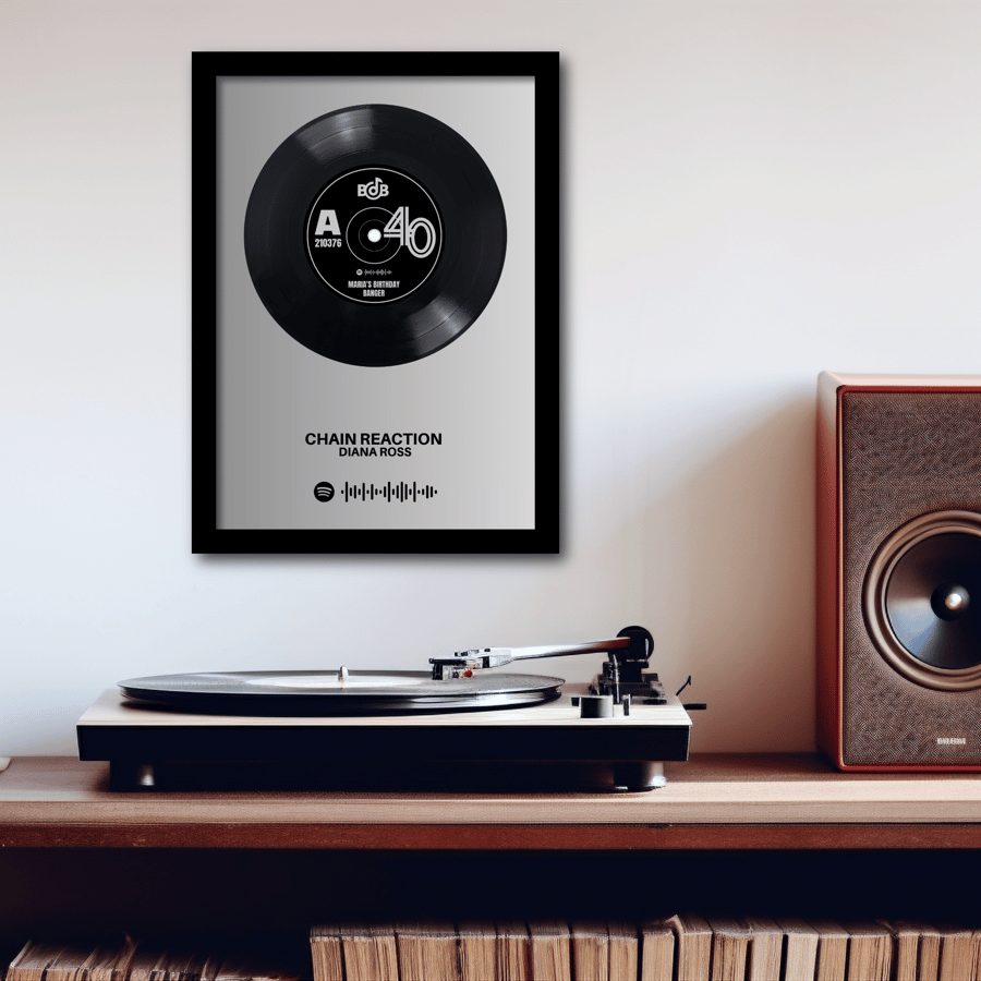 Framed 7" vinyl with personalised label and Spotify code