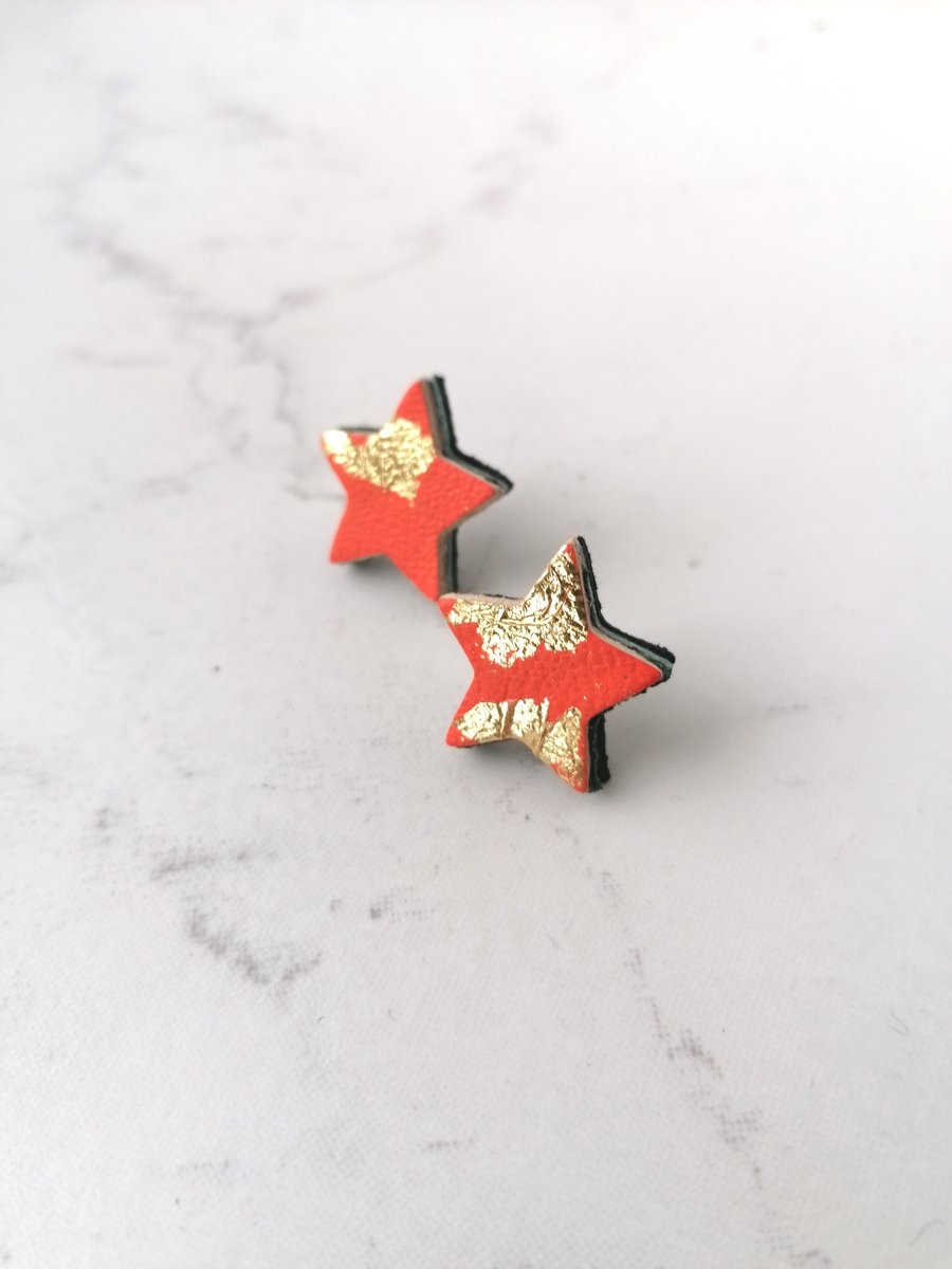 Gold Leaf Leather Star Stud Earrings - Orange