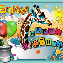 Enjoy Happy Birthday giraffe in Bath Greeting Card A5