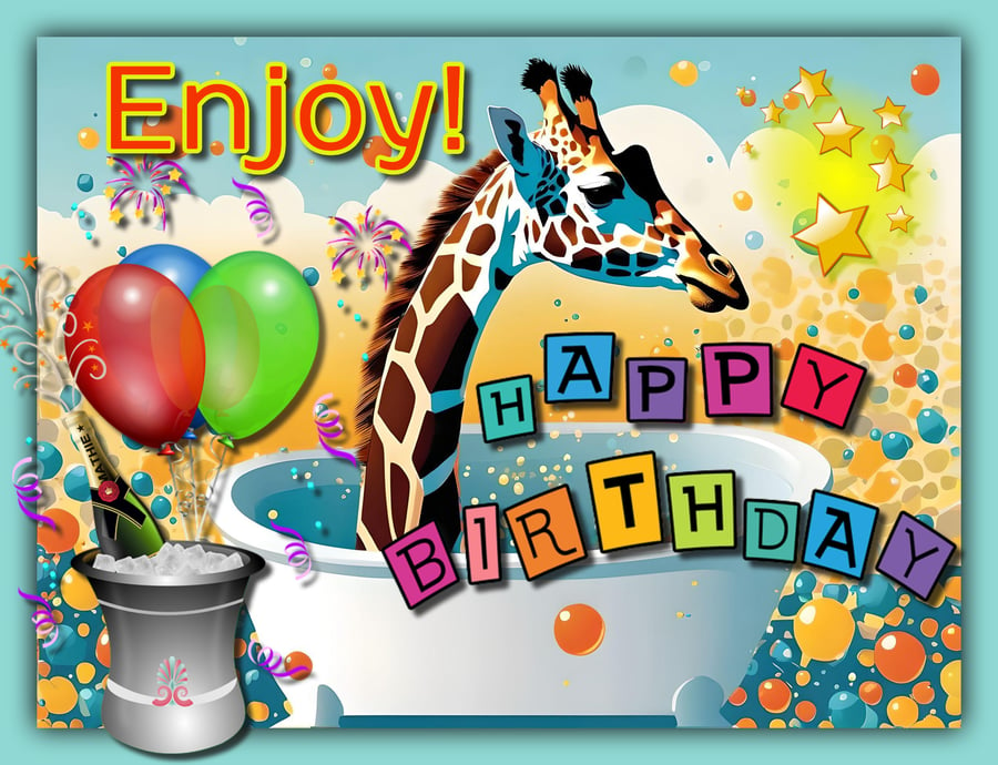 Enjoy Happy Birthday giraffe in Bath Greeting Card A5