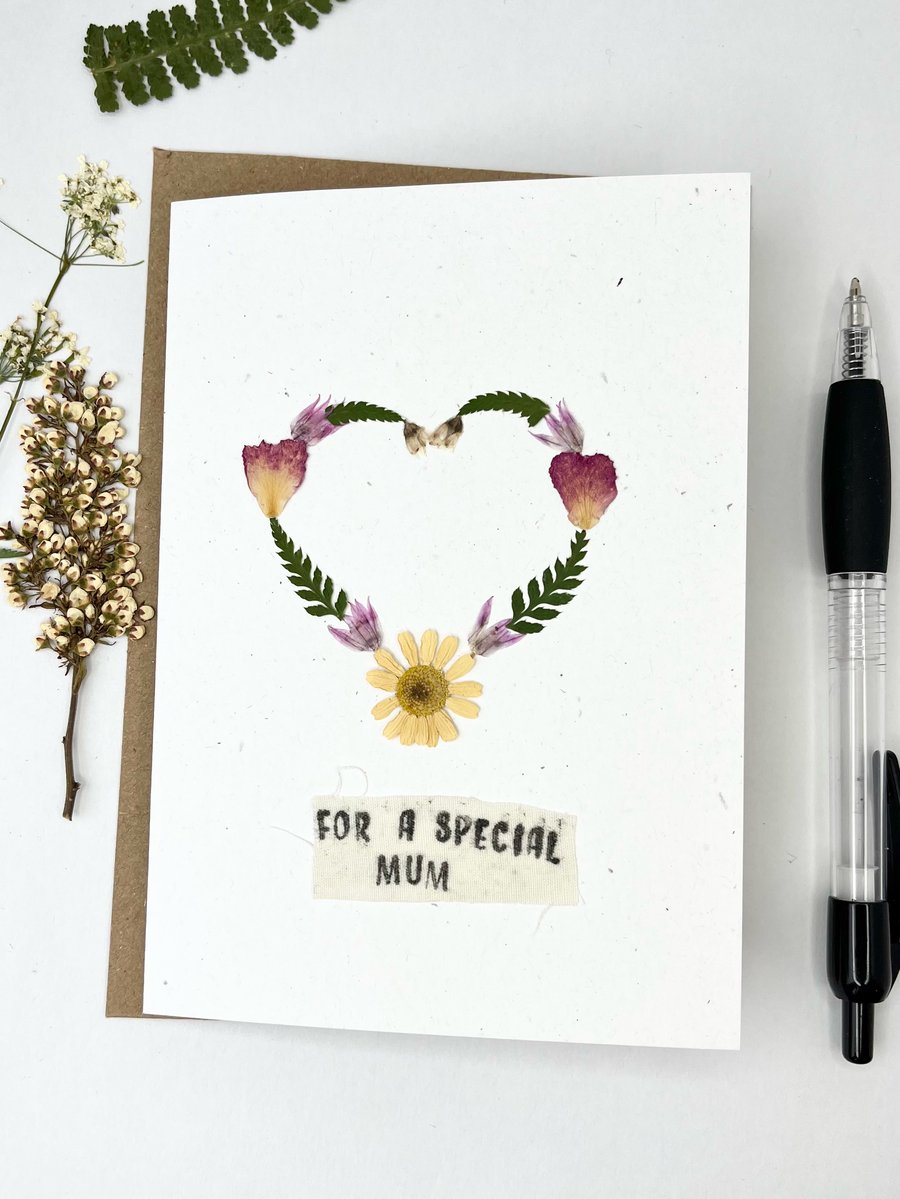 Handmade Mother's Day, Birthday Card, Real Pressed Flower Heart