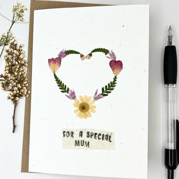 Handmade Mother's Day, Birthday Card, Real Pressed Flower Heart