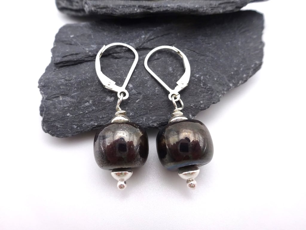 grey metallic lampwork glass earrings