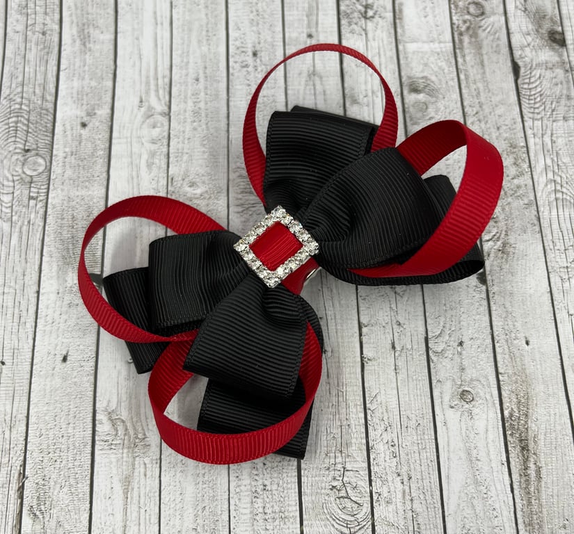 Black Double Layer Bow with Red Loops on Clip