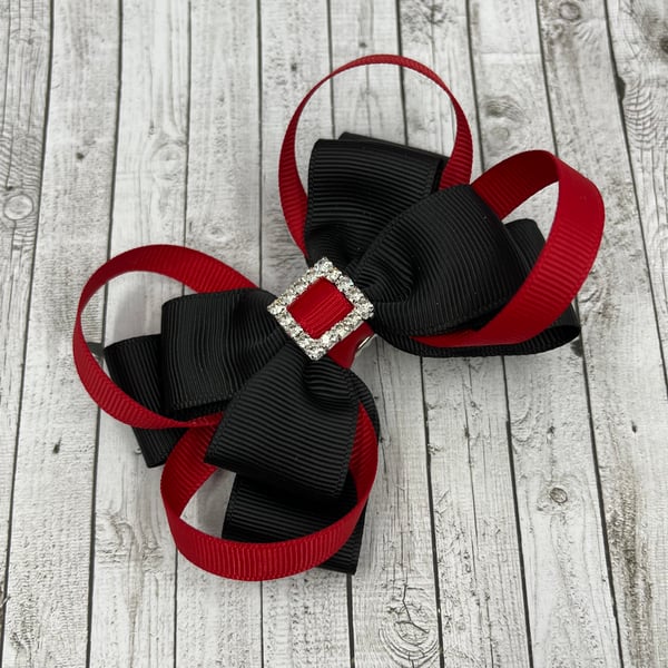 Black Double Layer Bow with Red Loops on Clip