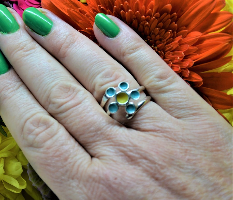 Sterling silver turquoise and yellow enamel flower wrap ring 
