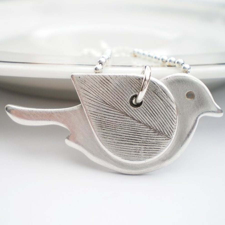 Feathered Wing Silver Bird Pendant