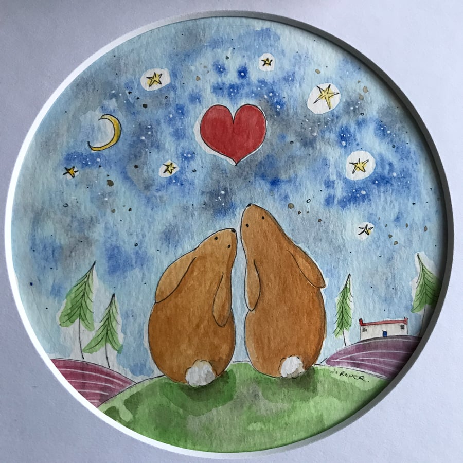 Original Painting Bunnies Valentines watercolour by Jo Roper