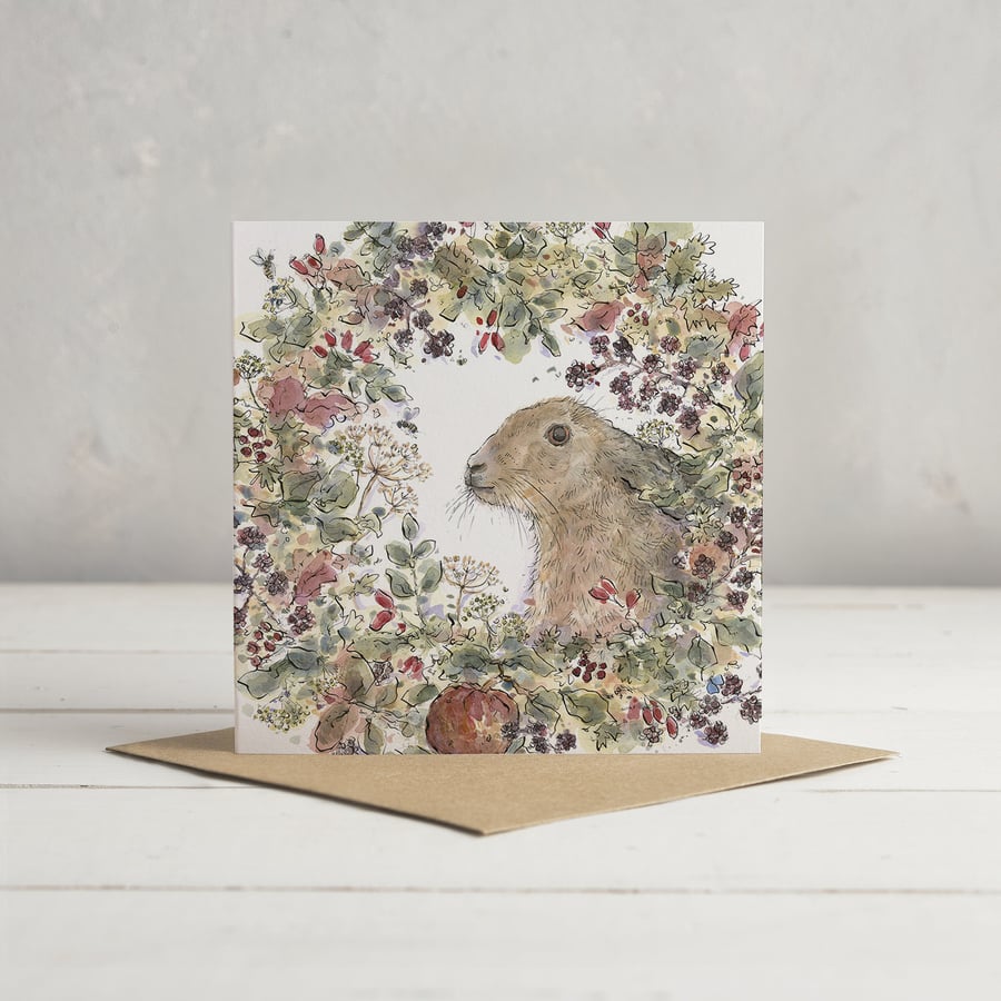 Autumn Hare Wreath Greetings Card (cropped)