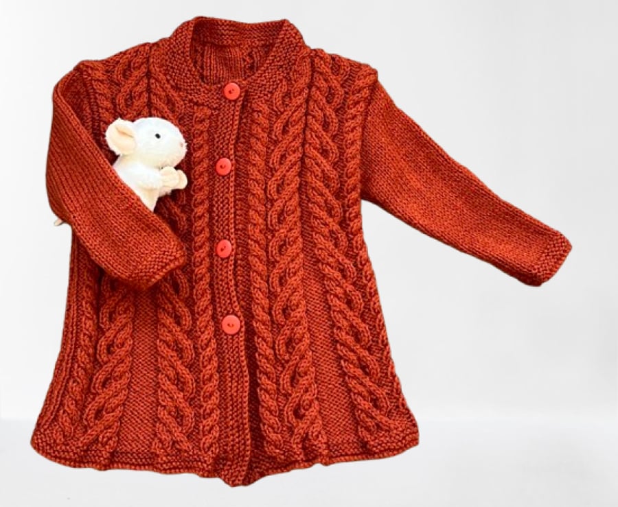 Hand Knitted  Longer Length Cardigan In A Rust Wool Blend Yarn-Age 2-3 year