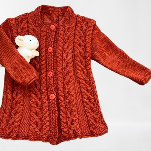 Hand Knitted  Longer Length Cardigan In A Rust Wool Blend Yarn-Age 2-3 year