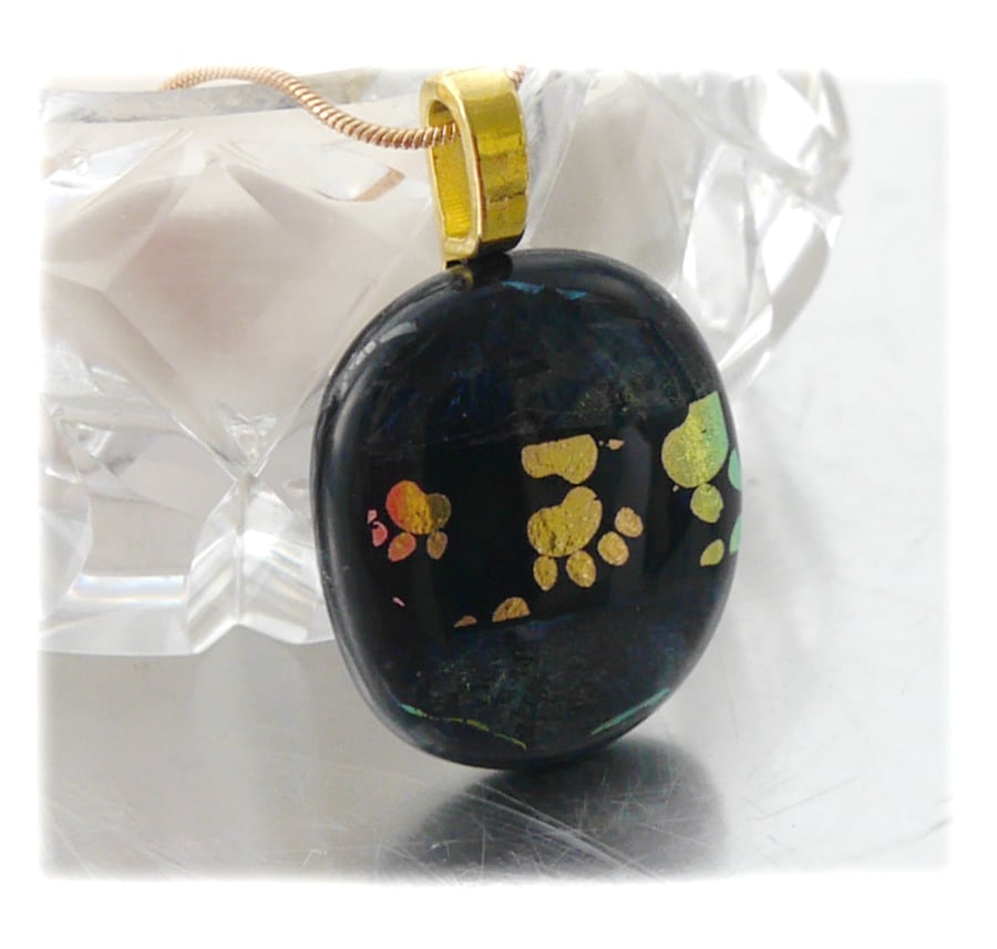 Dichroic Glass Pendant 127 Paw Prints Black Handmade and gold plated chain