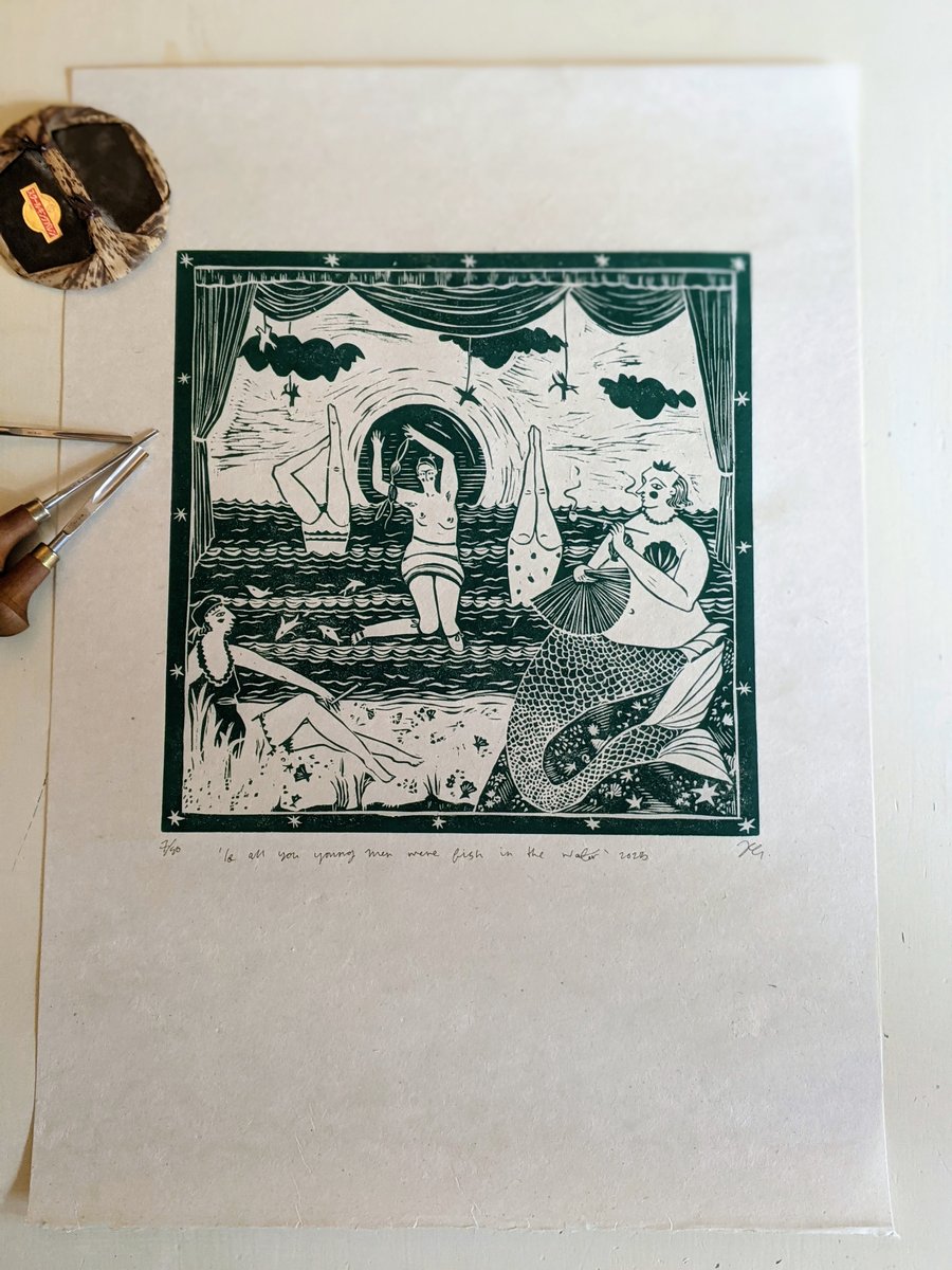 'If all you young men were fish in the water' lino cut print