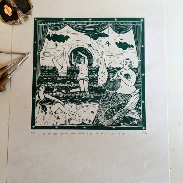 'If all you young men were fish in the water' lino cut print