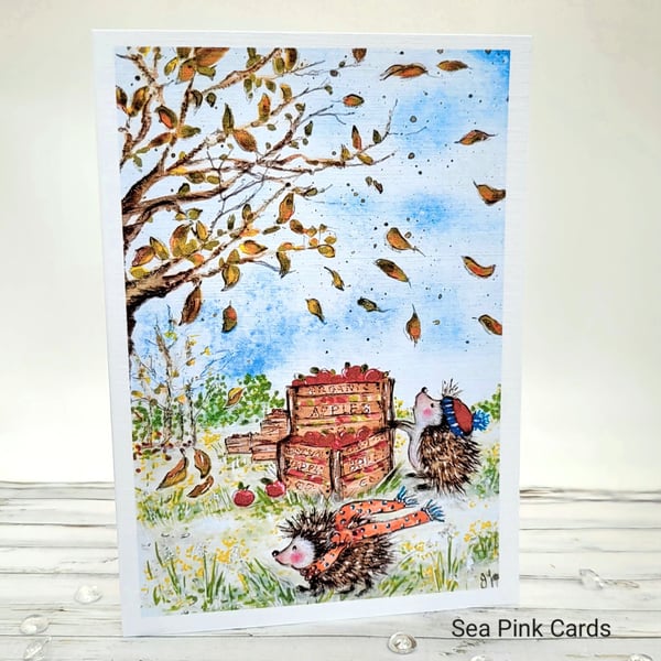 Autumn Hedgehogs Blank Card - original art, all occasions, apples, leaves
