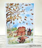 Autumn Hedgehogs Blank Card - original art, all occasions, apples, leaves - Image 1