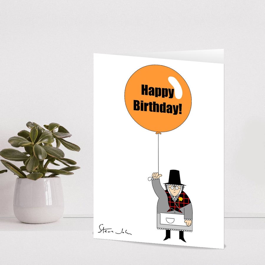 'Welsh lady with Birthday balloon' card