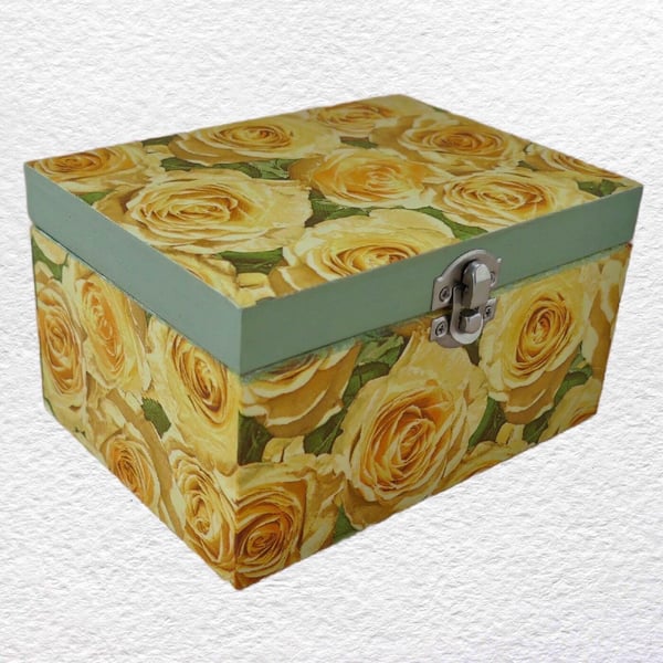 Decorated Wooden Box 16cm: Yellow Roses design