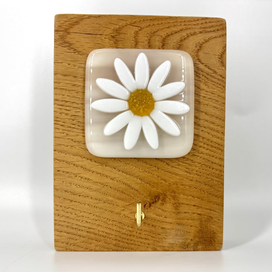 Fused Glass Daisy set in Handcrafted Oak with Key Hook