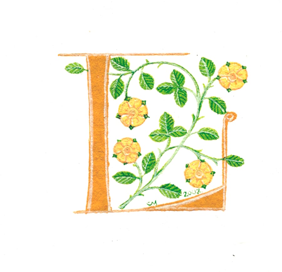 Initial letter 'L' in yellow with heraldic roses.