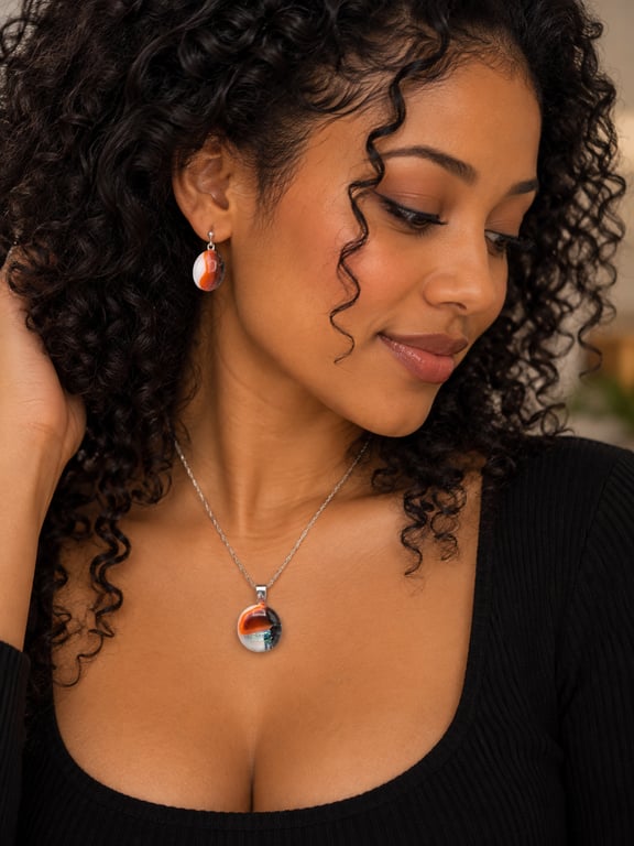 Coral and White Fused Glass French Drop Earrings and Pendant Set