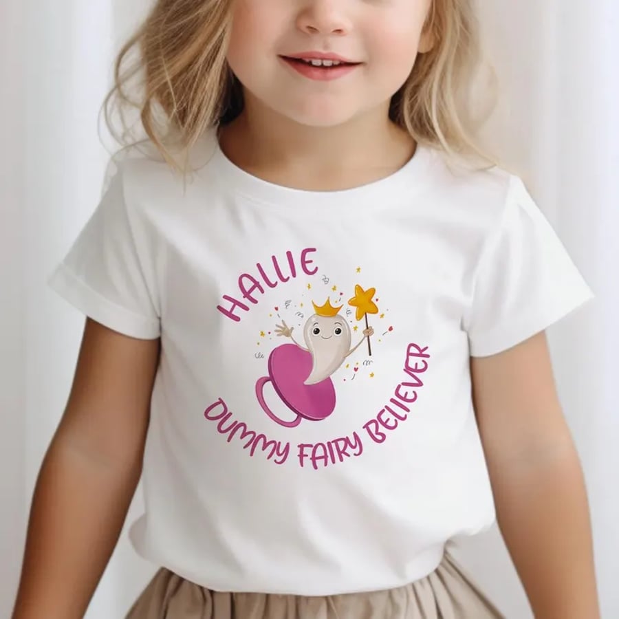 Girls Personalised Dummy Fairy Believer T-Shirt – Child Tee – Sizes 2 & 4