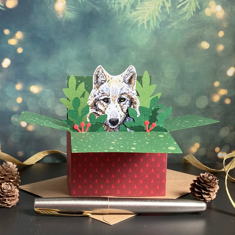 Wolf Christmas Card. 3D box card. Personalised Christmas gift card holder.