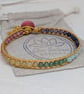 Pastel rainbow gemstone large bracelet with gold leather and pink button - Image 8