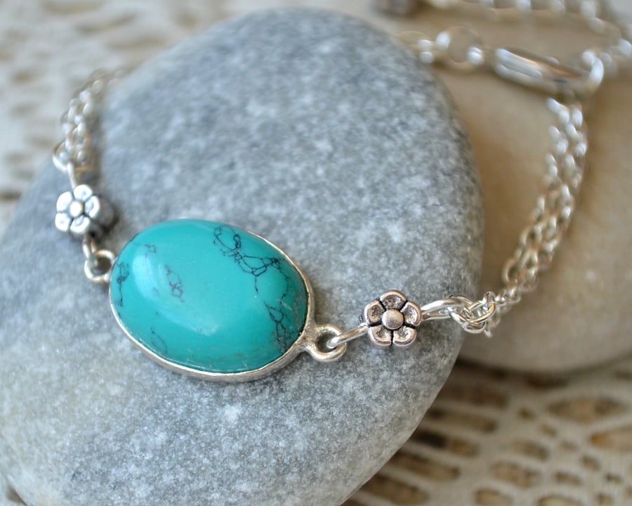 Turquoise and Silver Flower Bracelet