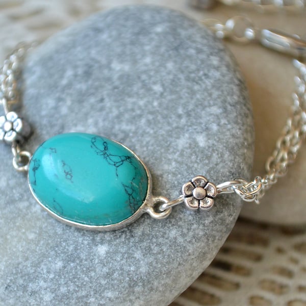 Turquoise and Silver Flower Bracelet