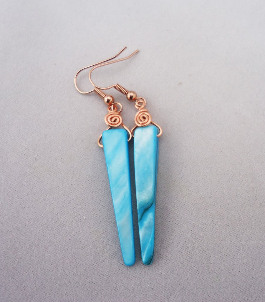 Blue Mother Of Pearls Earrings,Mother of Pearls and Copper Earrings,Wire Wrapped