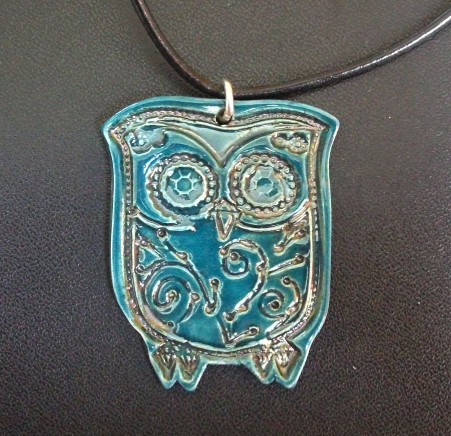 Teal ceramic owl necklace
