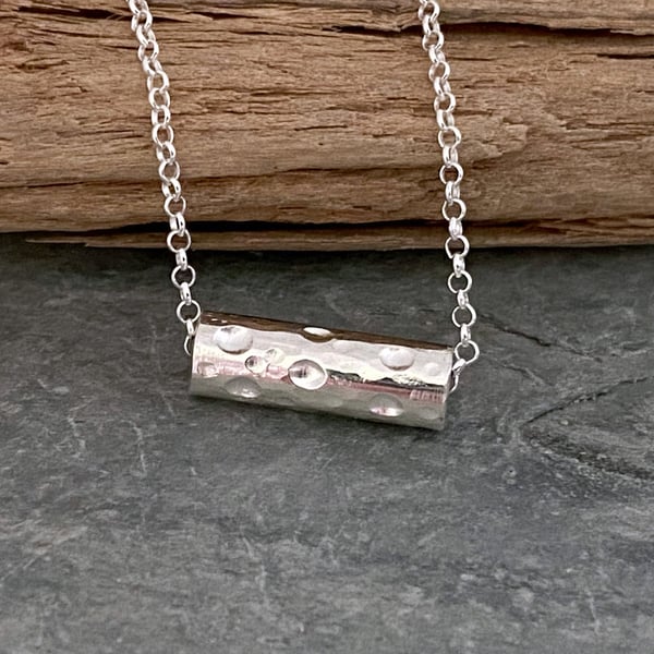 Silver bar pendant that slides along the chain - patterned silver necklace