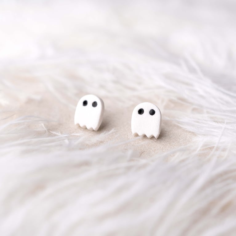 white ghost polymer clay earrings - handmade - halloween earrings - lightweight.