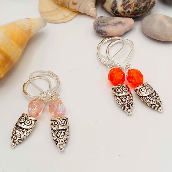 Owl Charm and Glass Crystal Lever Back Earrings, Gift for Her, Colour Choice