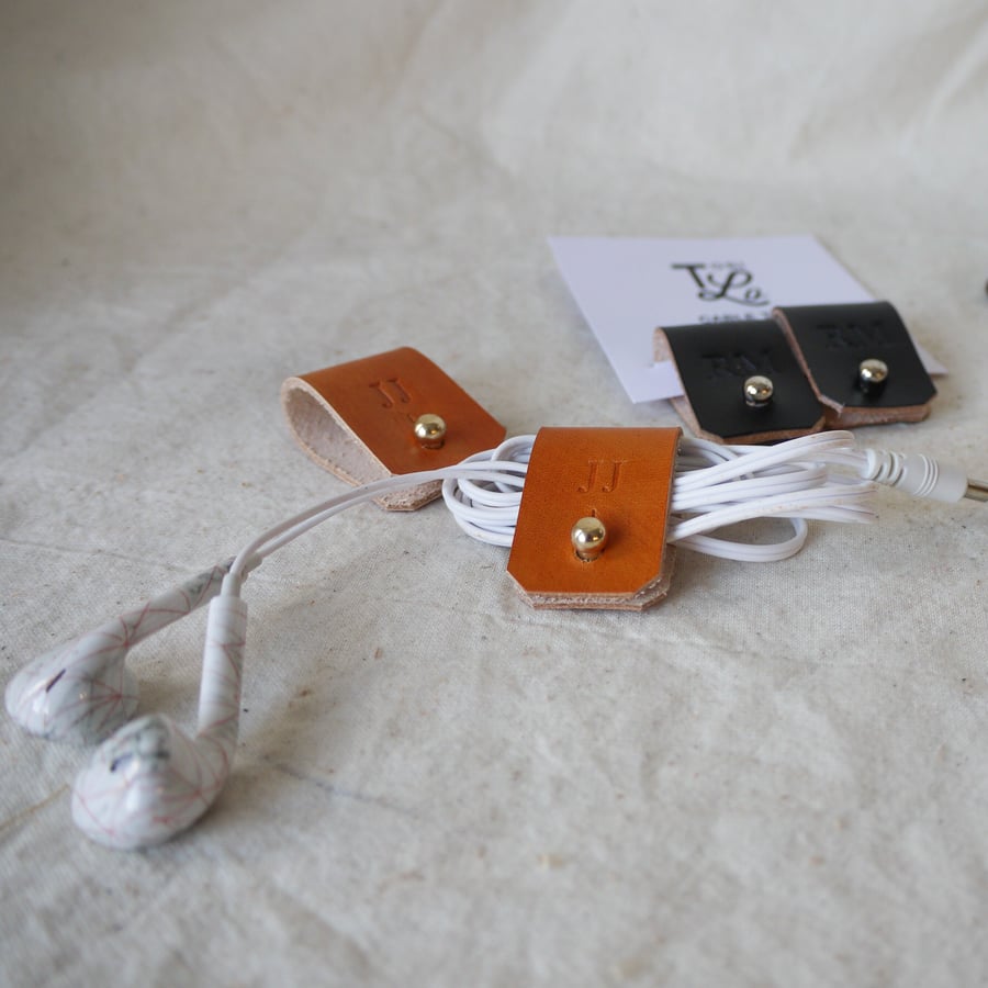 Set of Two Personalised Leather Cable tidies, leather cable ties.