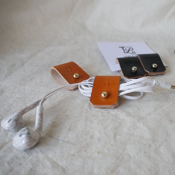 Set of Two Personalised Leather Cable tidies, leather cable ties.
