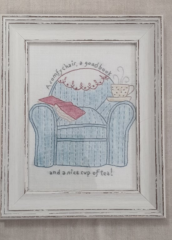 Hand Embroidered “Armchair, Good Book & Tea” Framed Picture