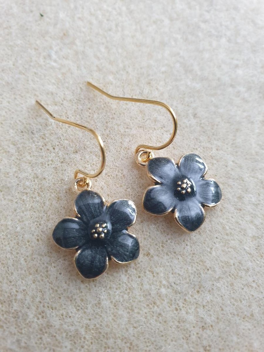 Handmade 18k gold plated floral earrings with black enameled flower charms boho