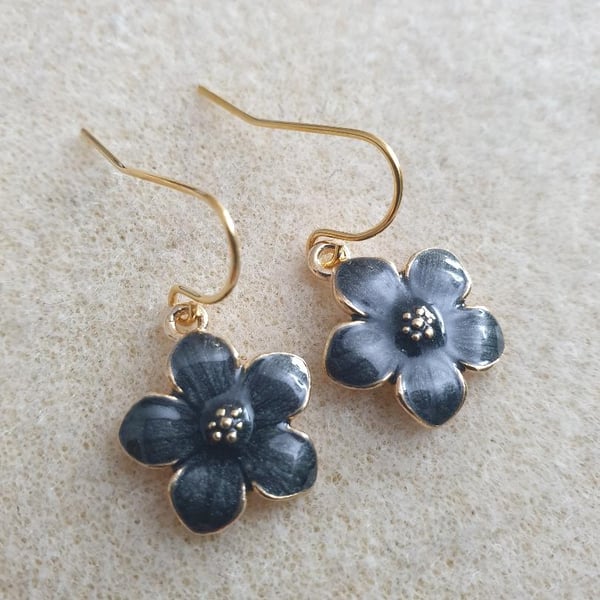 Handmade 18k gold plated floral earrings with black enameled flower charms boho